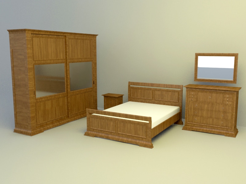 full set wooden furnishing with Bed 3d model