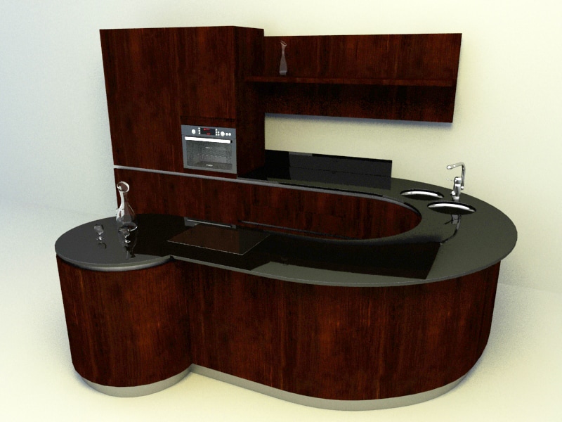 wooden concept with curve shaped kitchen design 3d model