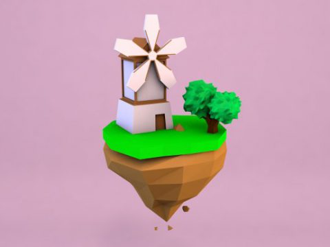 Cartoon Mill On Island Low Poly 3D model