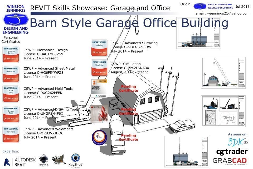 3D Revit Skills Showcase Barn Style Garage Office Building model