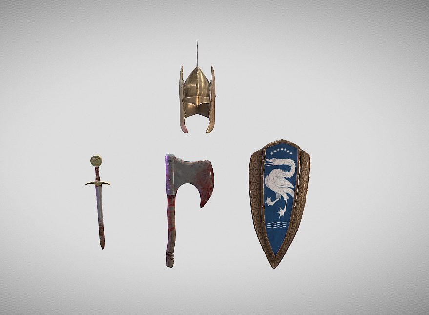 LOTR sword, axe, shield, helmet