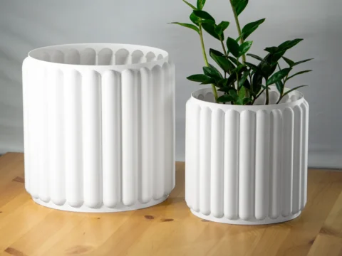 Retro Ribbed Planter, Round Mid-Century Modern Style Pot for Plants, Large Size 3d model
