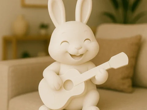 Cute happy bunny rabbit playing guitar figurine 3d model