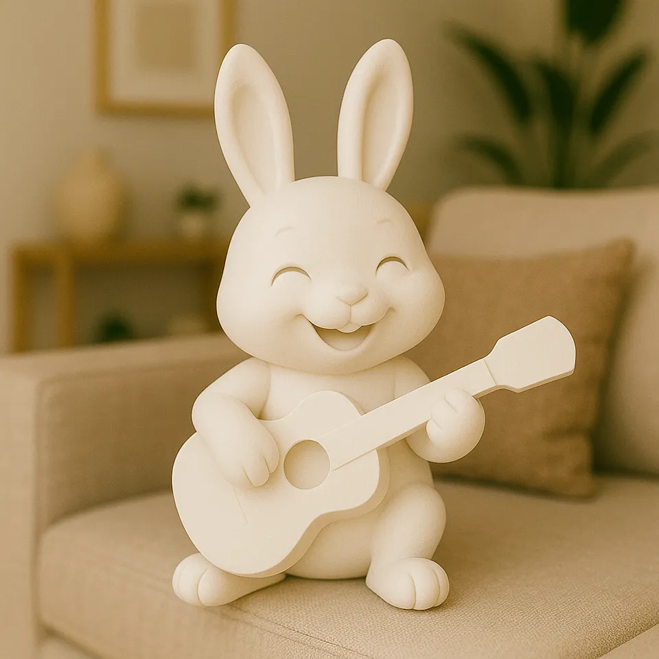Cute happy bunny rabbit playing guitar figurine 3d model
