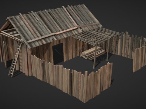 Modular old wooden barn and fence 3d model