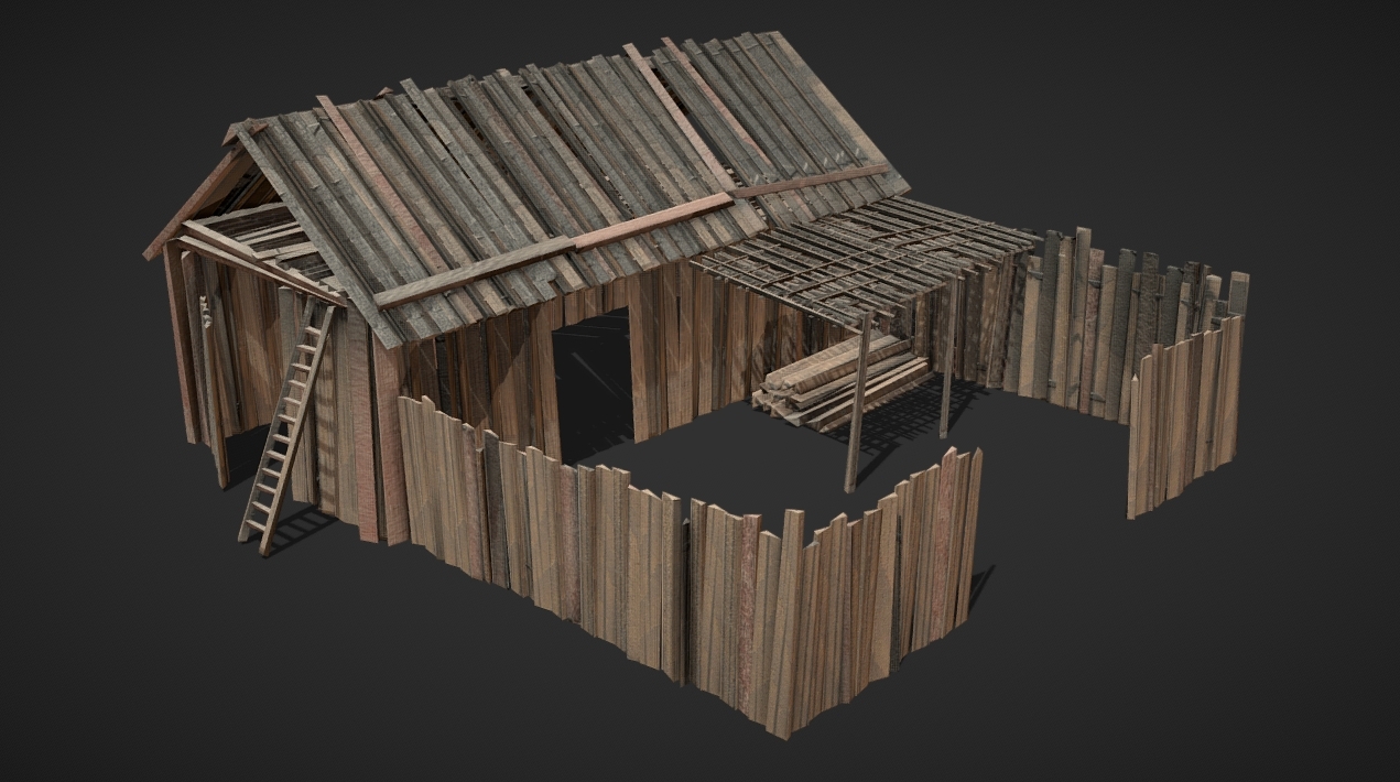 Modular old wooden barn and fence 3d model
